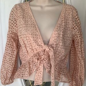 O’Neill Lined Blush Pink Tie-Front Eyelet Top